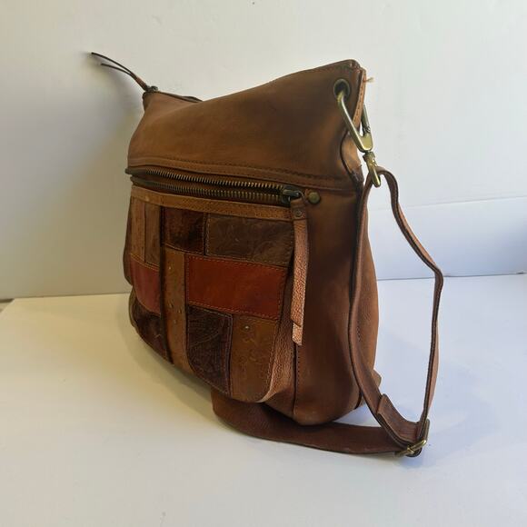 Fossil Leather Patchwork Crossbody Bag Brown Boho Purse - Picture 3 of 6